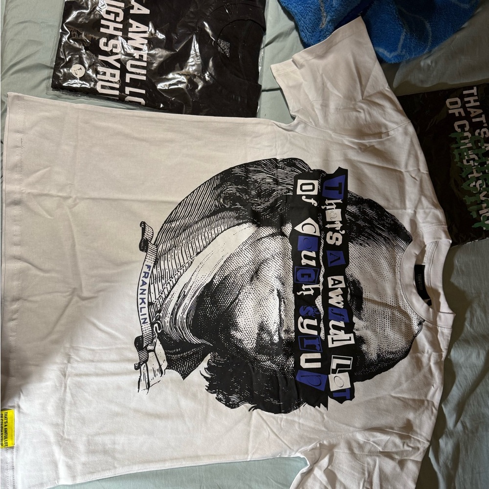 White Graphic T-Shirt with Benjamin Franklin awful lotta of cough syrup shirt